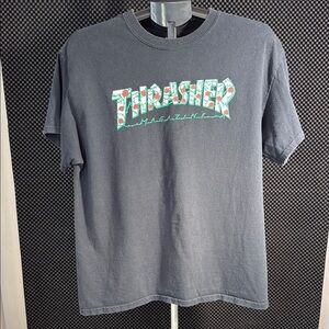 Thrasher Magazine Black Tee with Floral Graphic